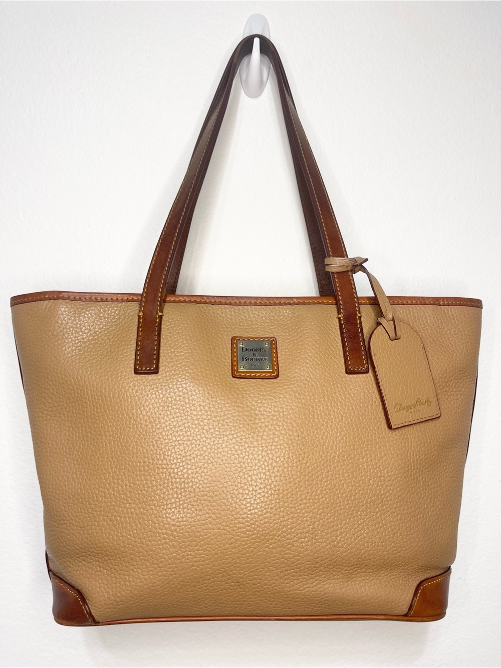 Dooney & Bourke Tan Pebbled Leather Tote with Brown Trim
